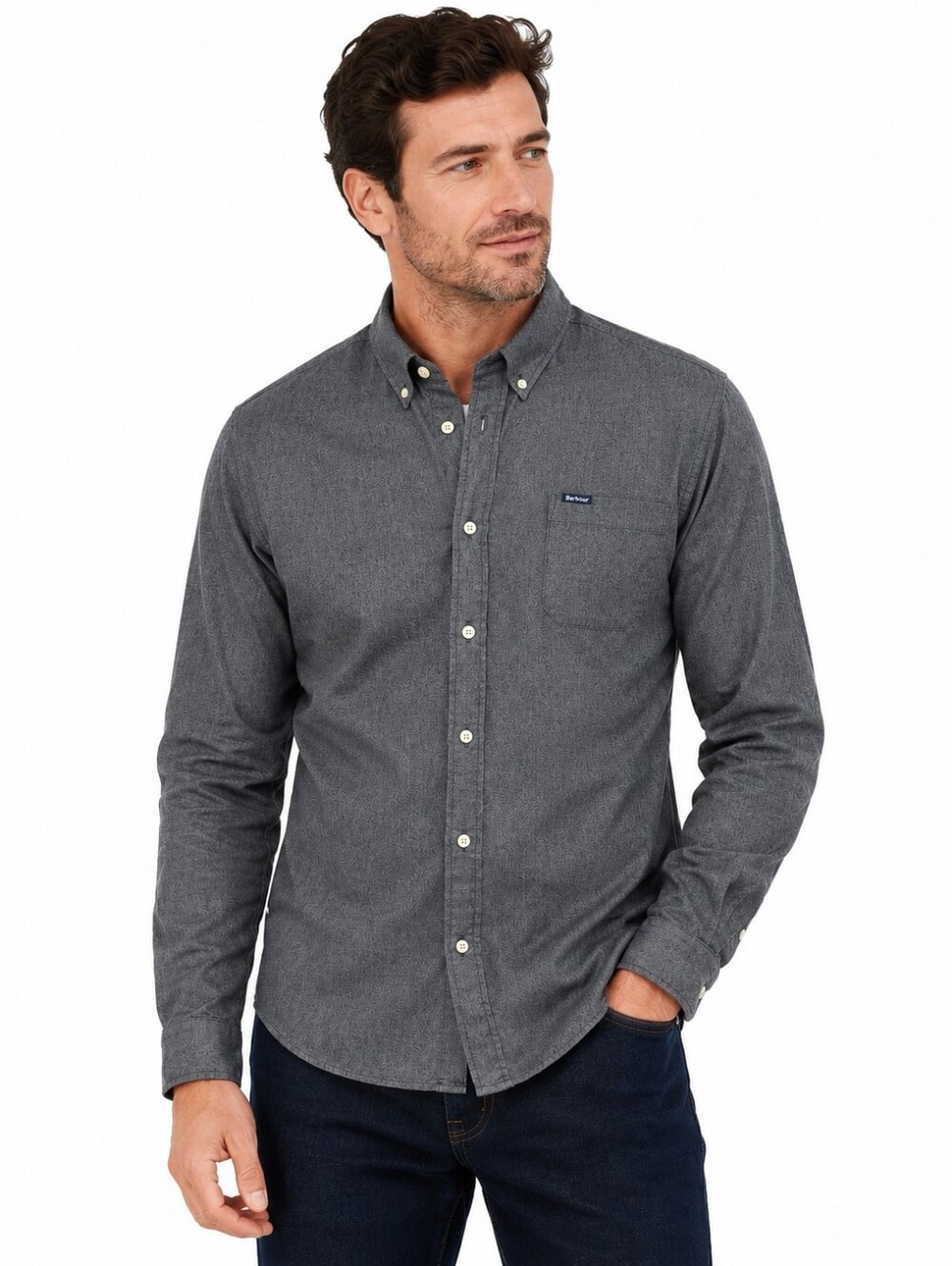 Barbour Tailored Fit Herringbone Button Down Shirt Gray Men's Medium